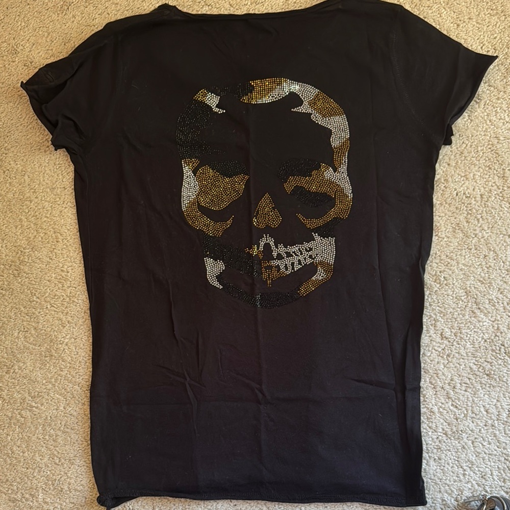 Zadig & Voltaire Black Tee with Gold Skull Design